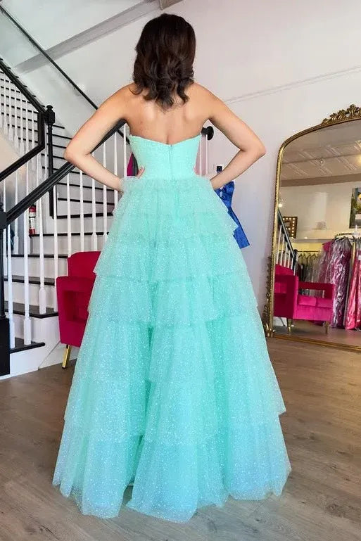 Glamorous Mint Green Strapless Tiered Ruffled Glitter Gown With Slit