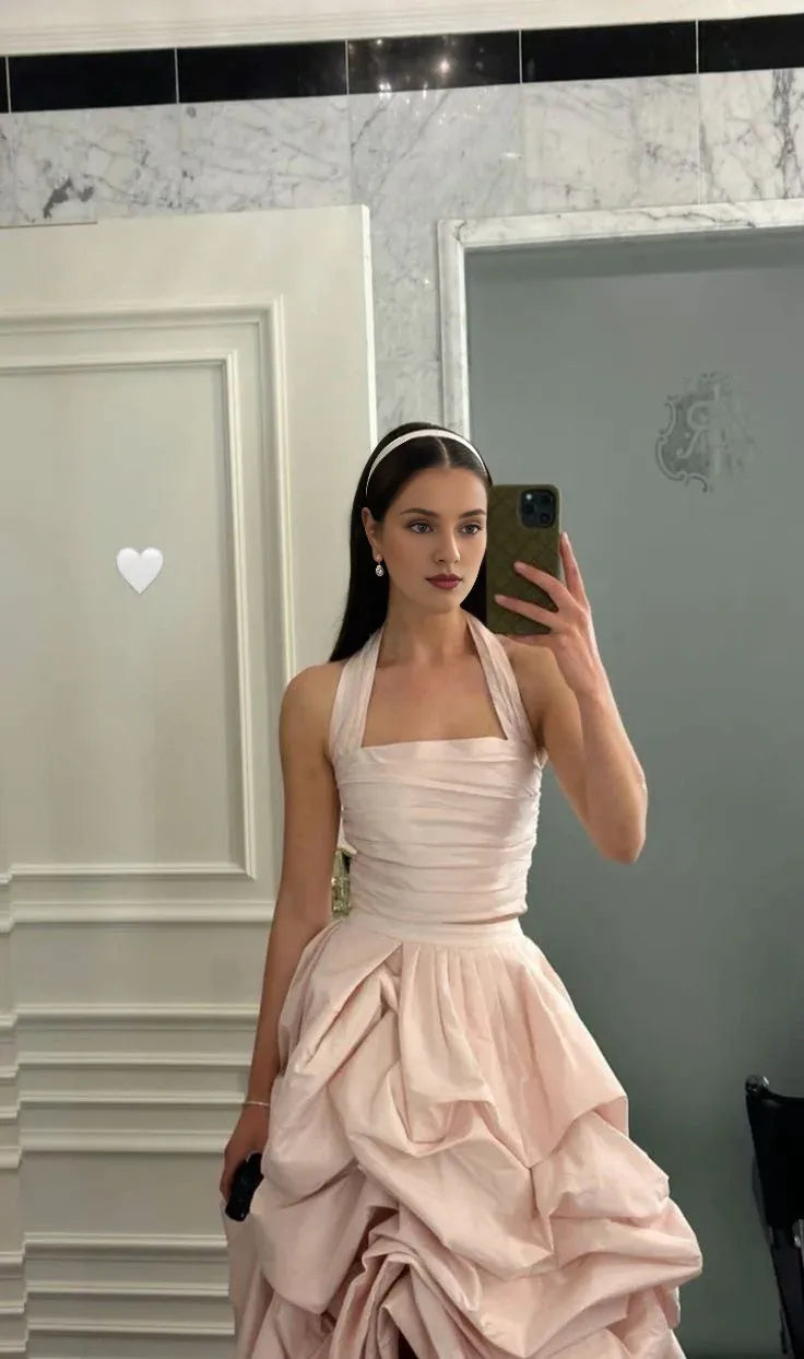 Robe de bal longue en satin rose clair, glamour, multicouches, sans manches, deux pièces 