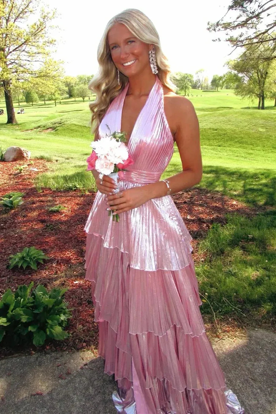 Glamorous Metallic Halter Tiered Ruffled Metallic Gown With Backless Design