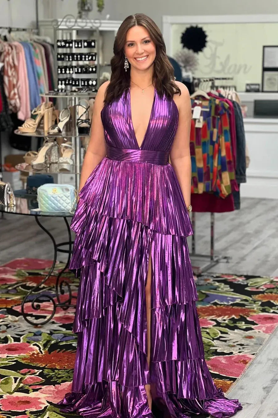 Glamorous Metallic Halter Tiered Ruffled Metallic Gown With Backless Design