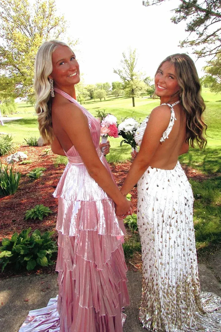 Glamorous Metallic Halter Tiered Ruffled Metallic Gown With Backless Design