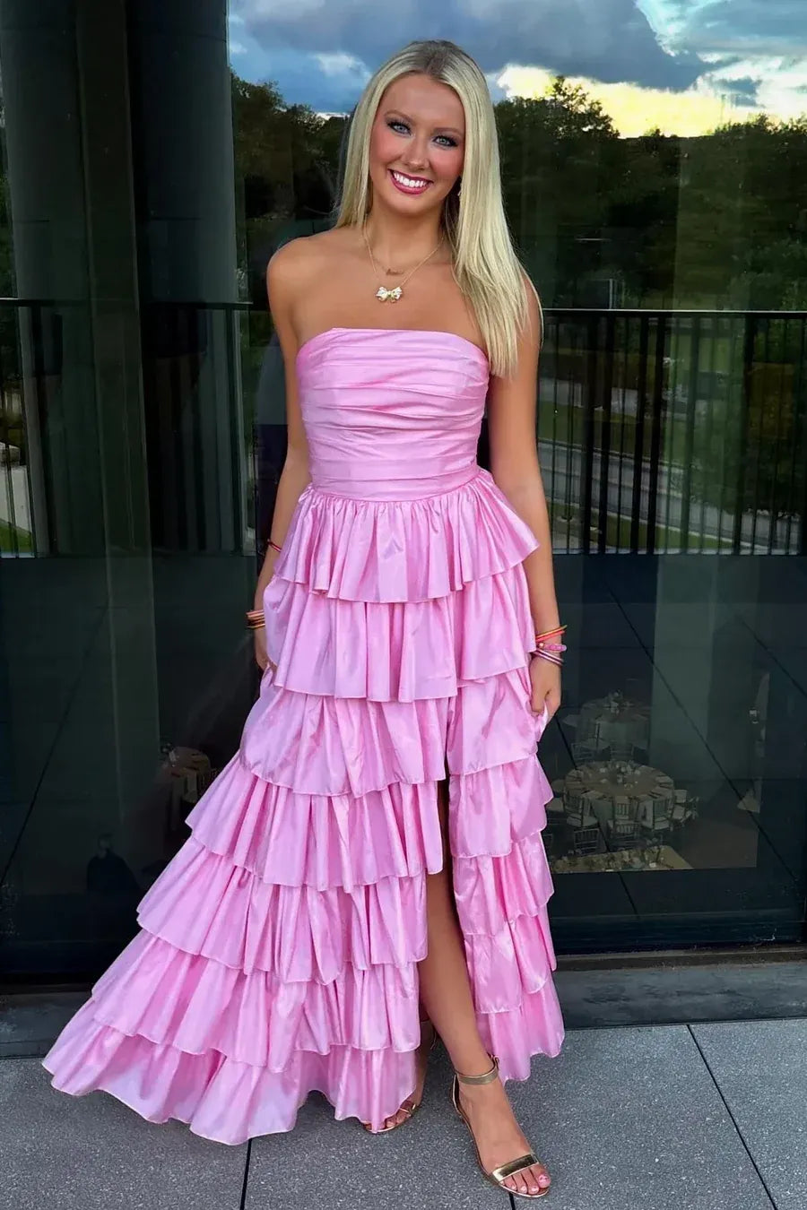 Glamorous Pink Strapless Tiered Ruffled Satin Gown With Slit