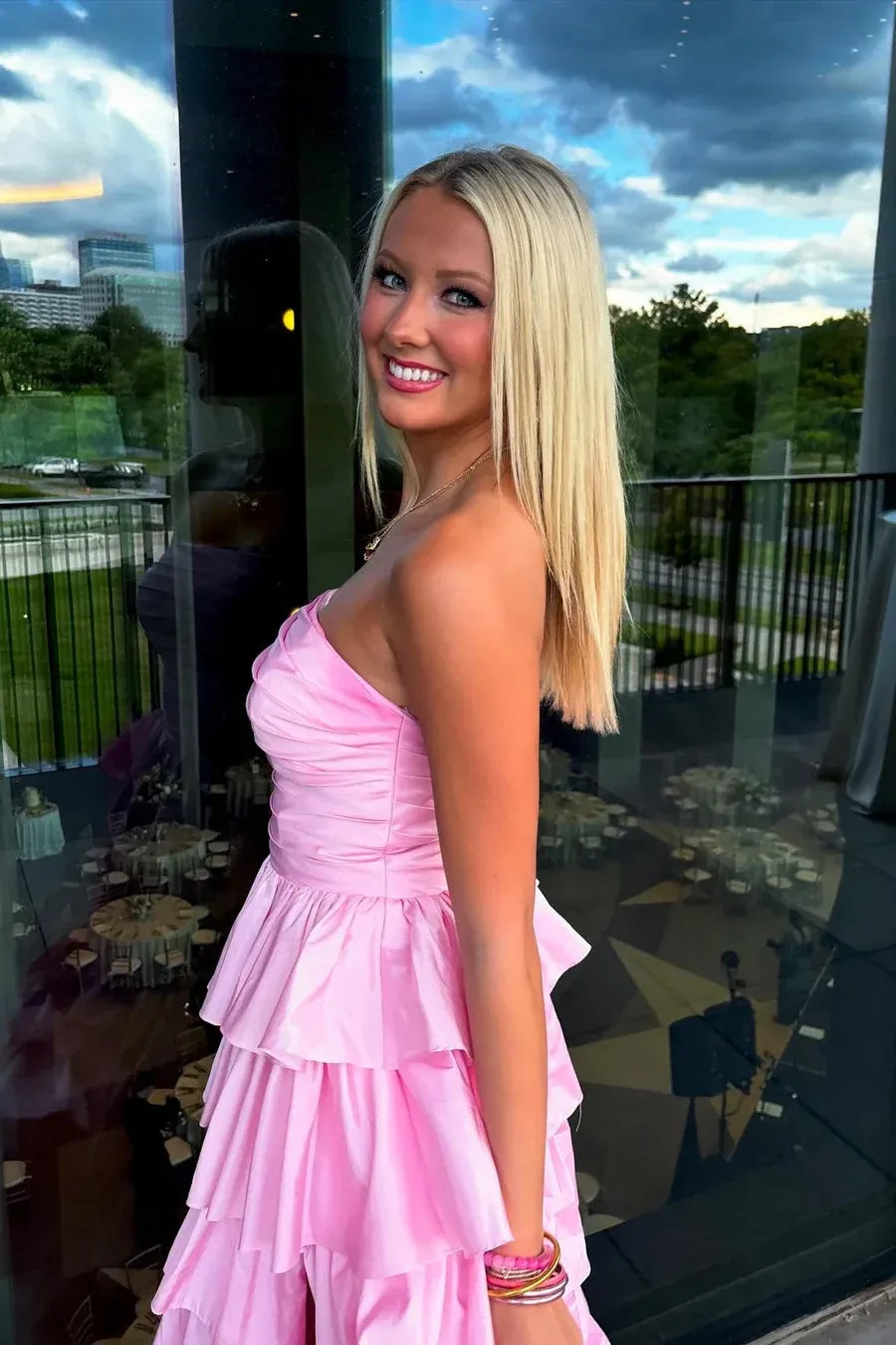 Glamorous Pink Strapless Tiered Ruffled Satin Gown With Slit