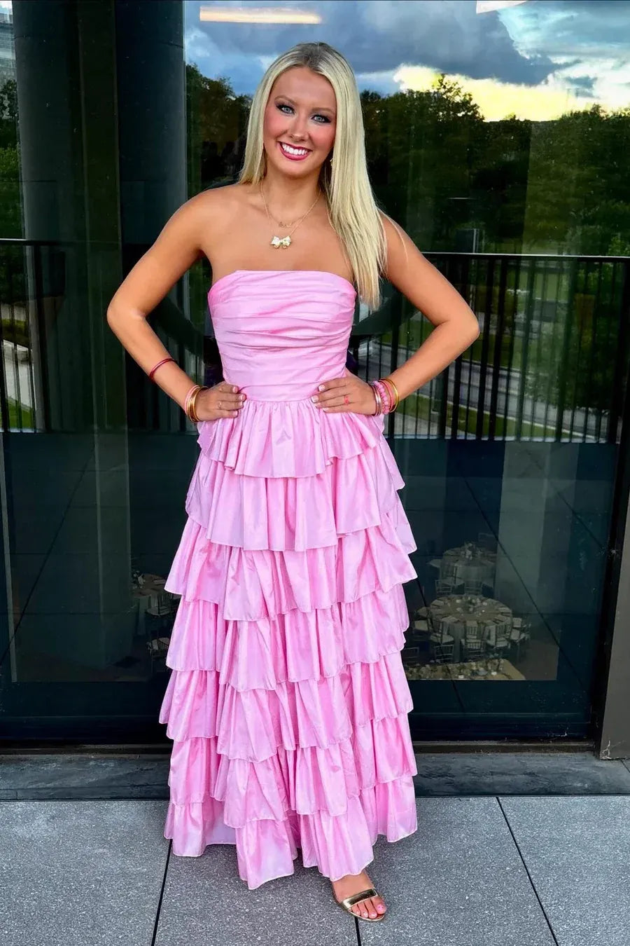 Glamorous Pink Strapless Tiered Ruffled Satin Gown With Slit