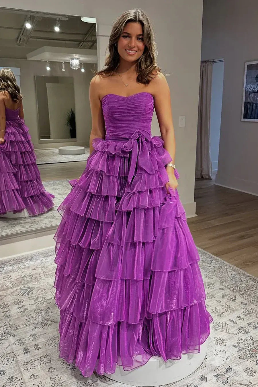 Glamorous Purple Strapless Tiered Ruffled Gown With Bow Belt