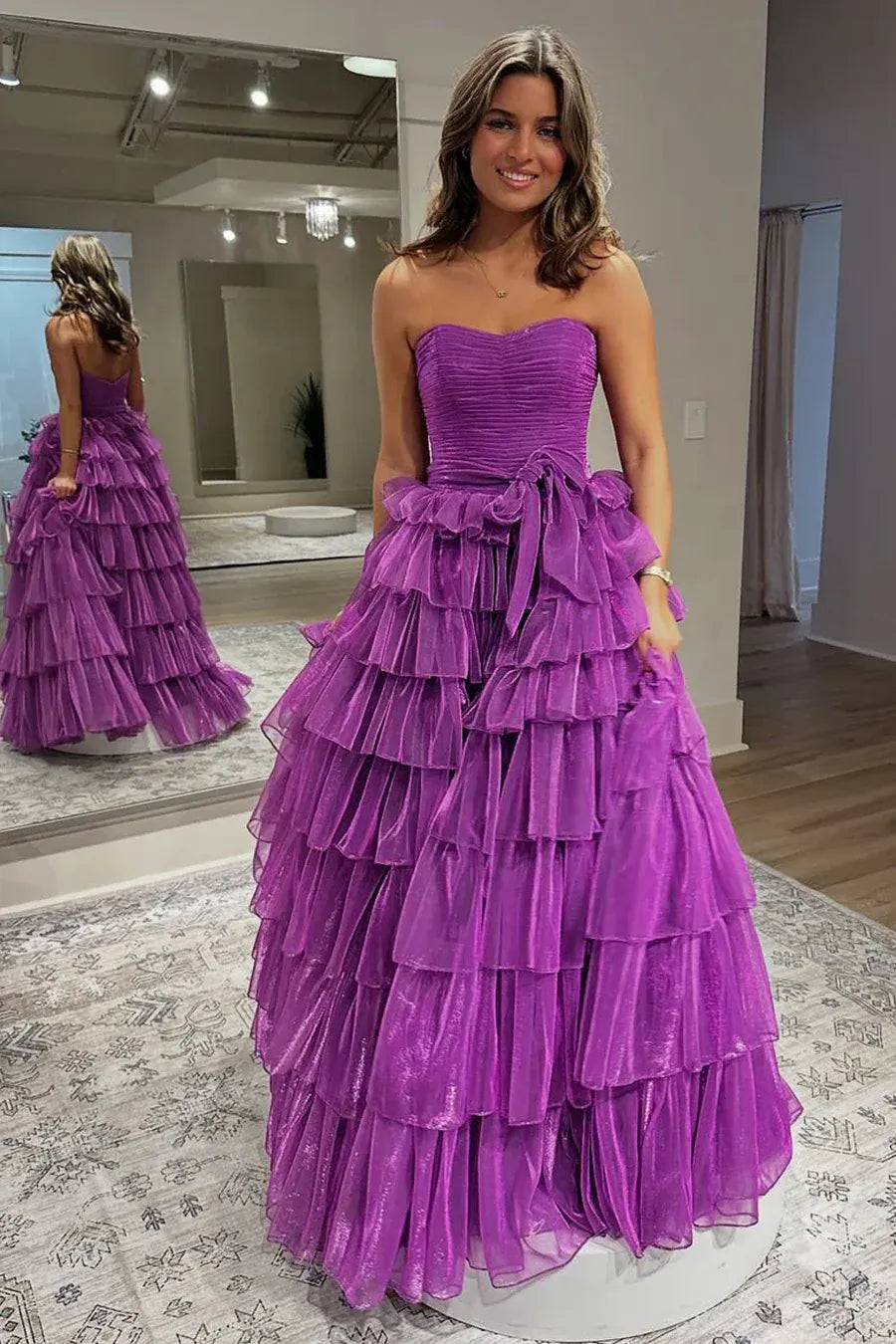 Glamorous Purple Strapless Tiered Ruffled Gown With Bow Belt