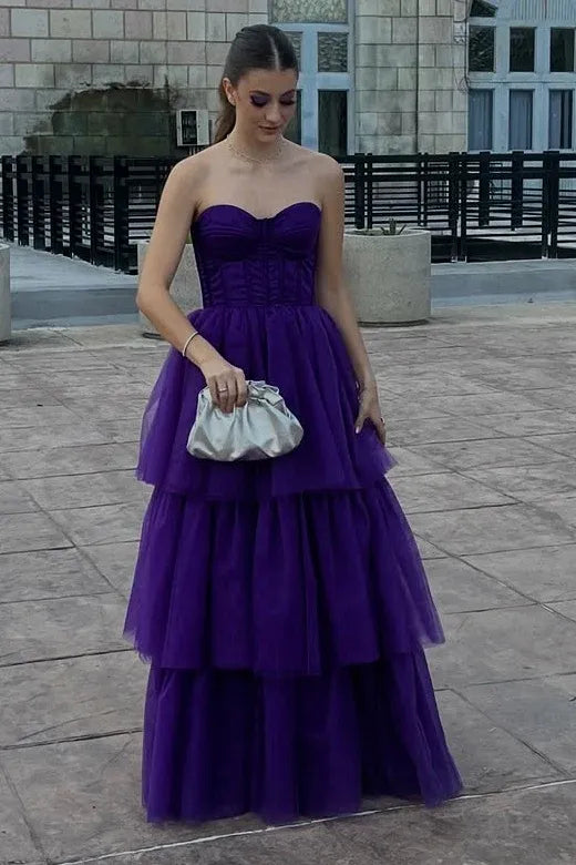 Glamorous Purple Strapless Tiered Ruffled Gown With Corset Bodice