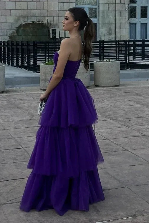 Glamorous Purple Strapless Tiered Ruffled Gown With Corset Bodice