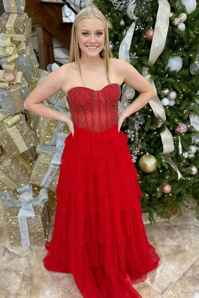 Glamorous Red Strapless Tiered Ruffled Gown With Beaded Corset