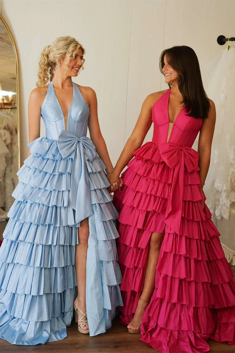 Glamorous Sage Green Halter Tiered Ruffled Prom Gown With Bow Detail