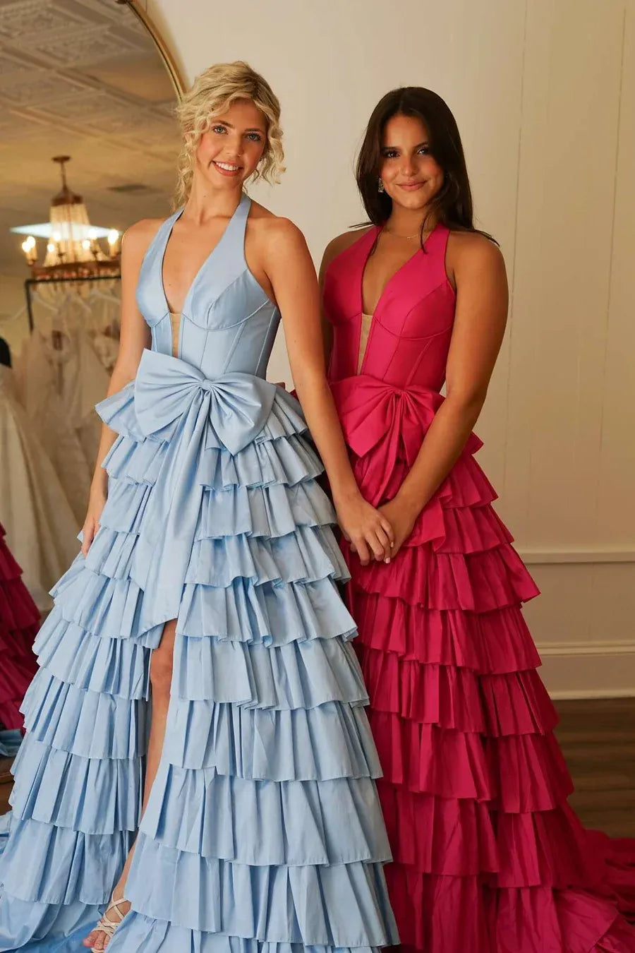 Glamorous Sage Green Halter Tiered Ruffled Prom Gown With Bow Detail