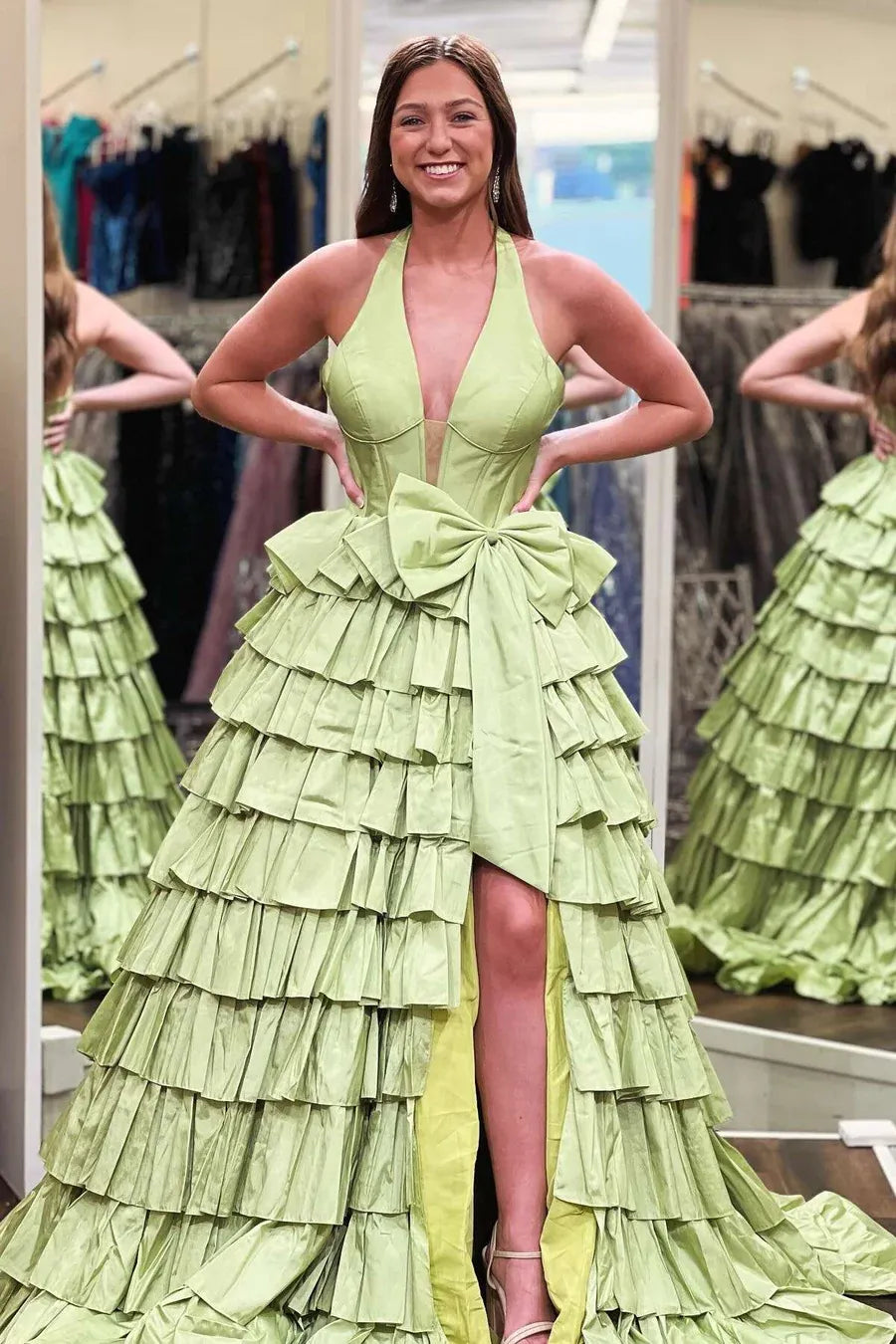 Glamorous Sage Green Halter Tiered Ruffled Prom Gown With Bow Detail