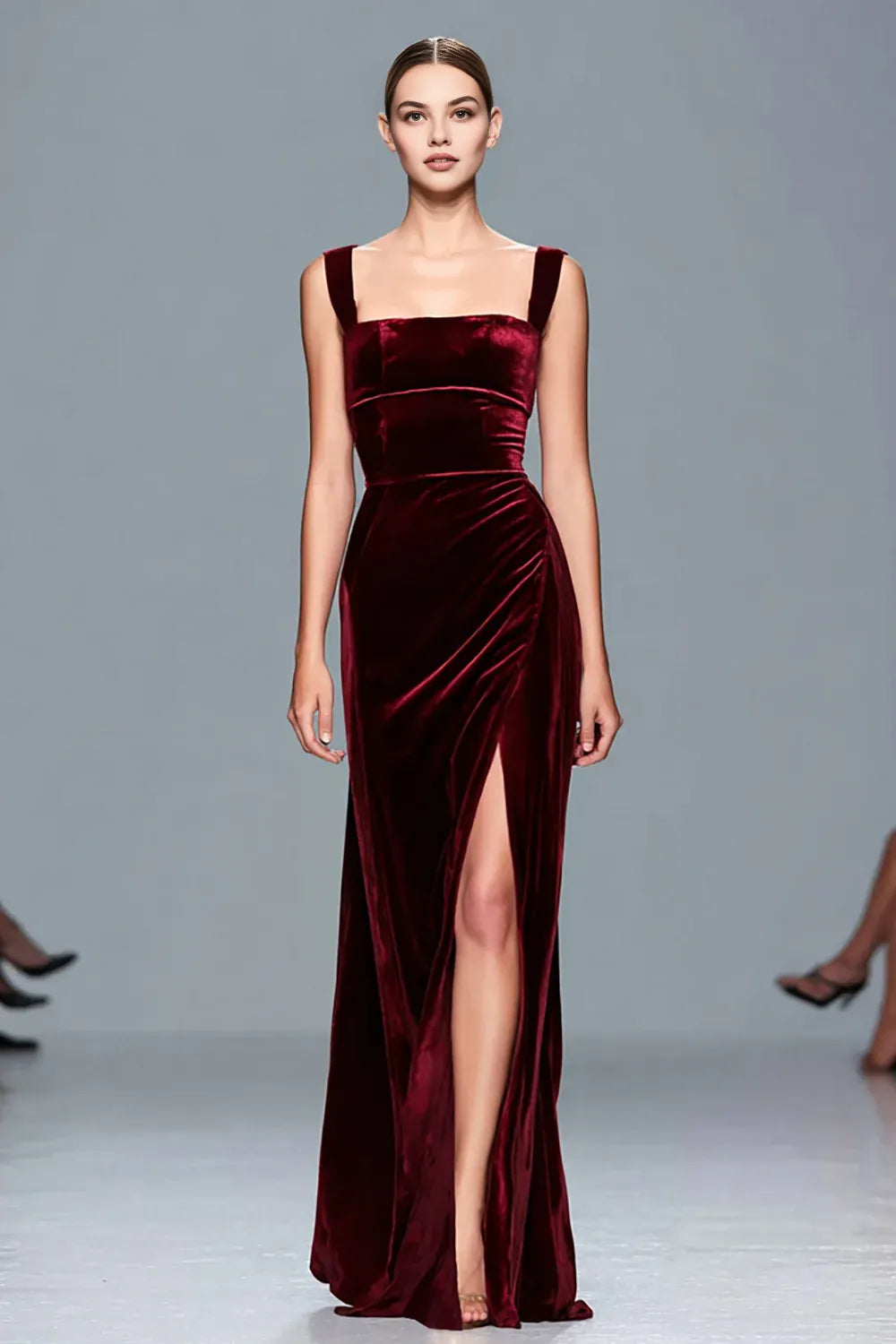 Glamorous Sheath/Column Square Neck Sleeveless Velvet Floor-Length Prom Dress