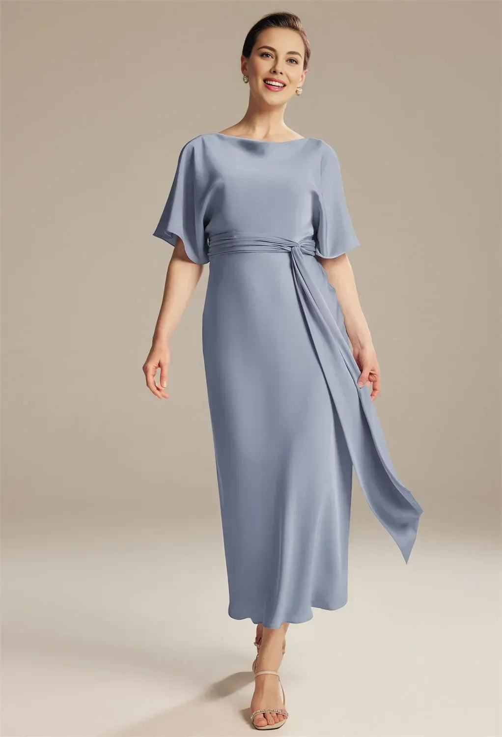 Glamorous Sheath Jewel Neck Short Sleeve Pleated Satin Ankle Length Mother of the Bride Dress