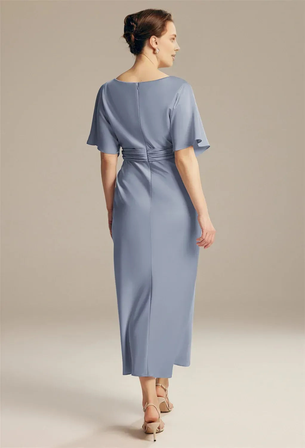Glamorous Sheath Jewel Neck Short Sleeve Pleated Satin Ankle Length Mother of the Bride Dress