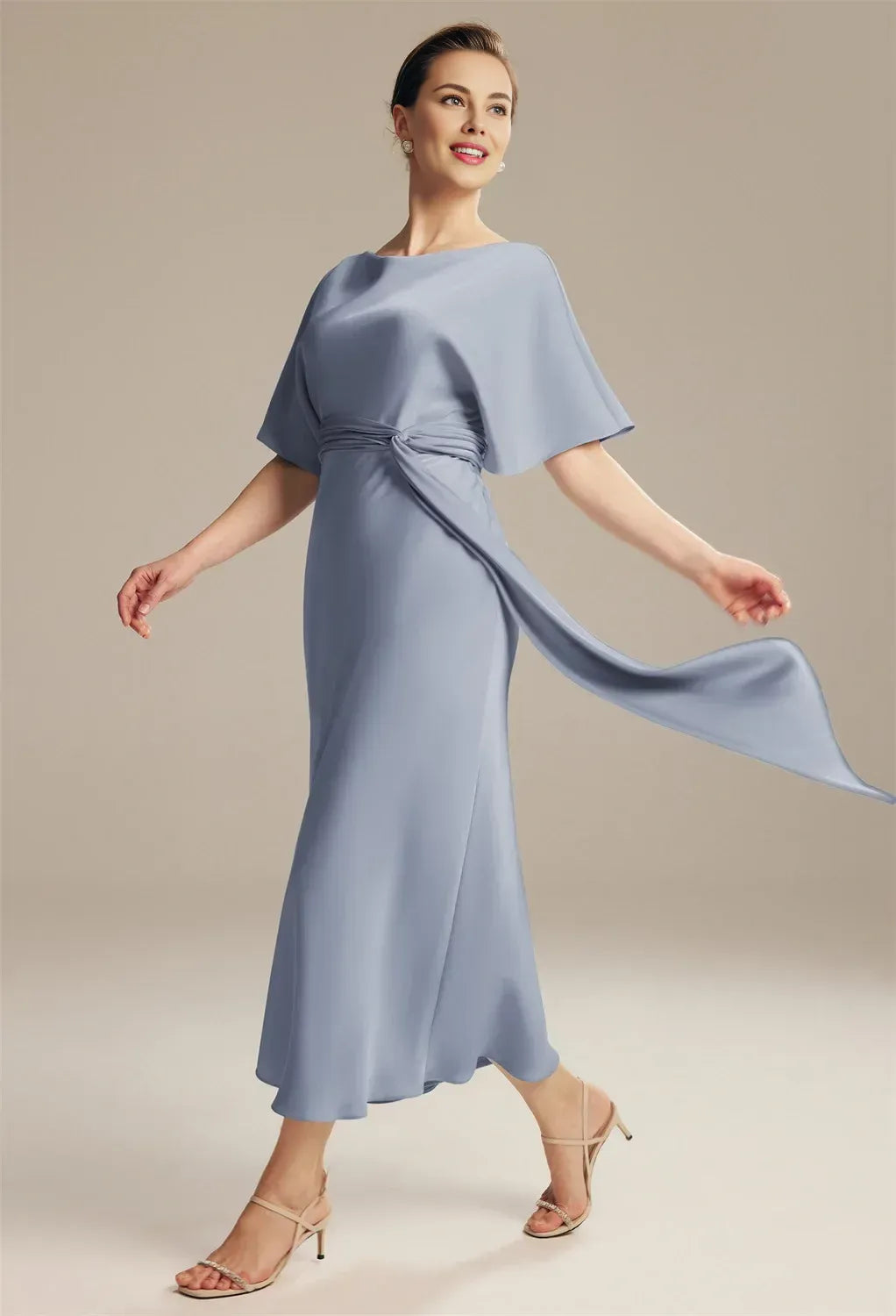 Glamorous Sheath Jewel Neck Short Sleeve Pleated Satin Ankle Length Mother of the Bride Dress