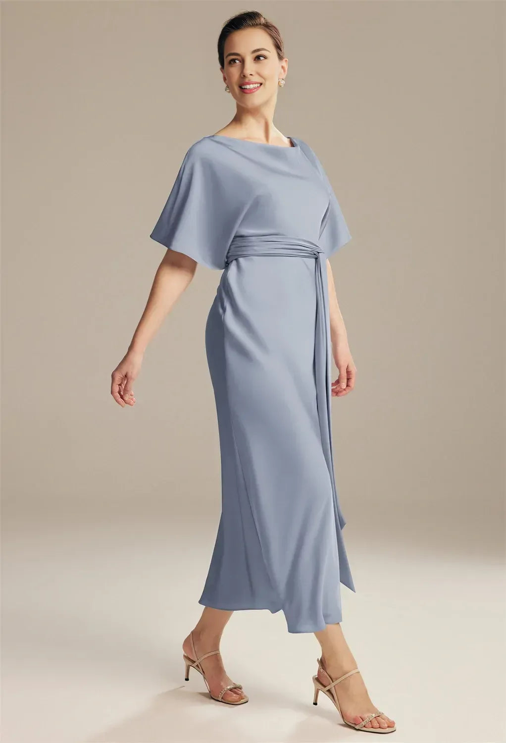 Glamorous Sheath Jewel Neck Short Sleeve Pleated Satin Ankle Length Mother of the Bride Dress