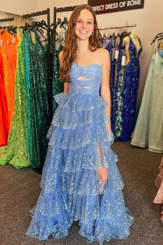 Glamorous Sky Blue Strapless Tiered Ruffled Glitter Prom Gown With Cutout Bodice