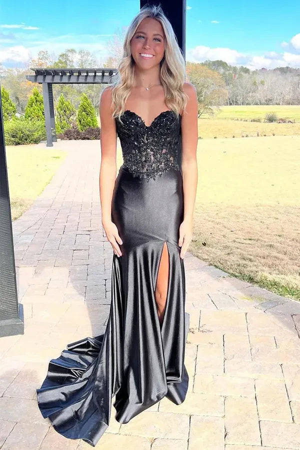 Glamorous Strapless Lace Beaded Lace-up Satin Mermaid Prom Gown