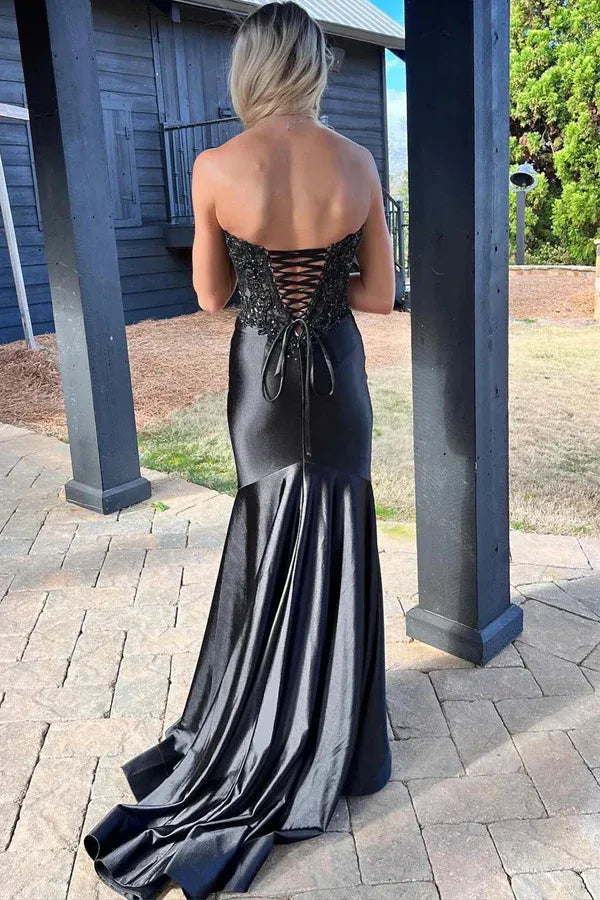 Glamorous Strapless Lace Beaded Lace-up Satin Mermaid Prom Gown