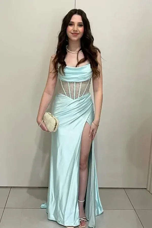 Glamorous Strapless Mermaid Sleeveless Satin Slit Prom Gown