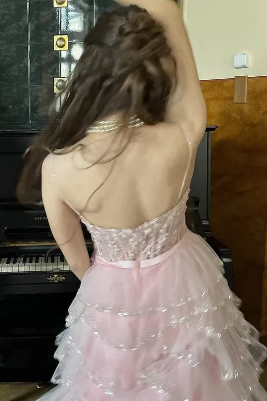 Glamorous Tiered Sleeveless Lace Tulle Ball Gown Prom Dress