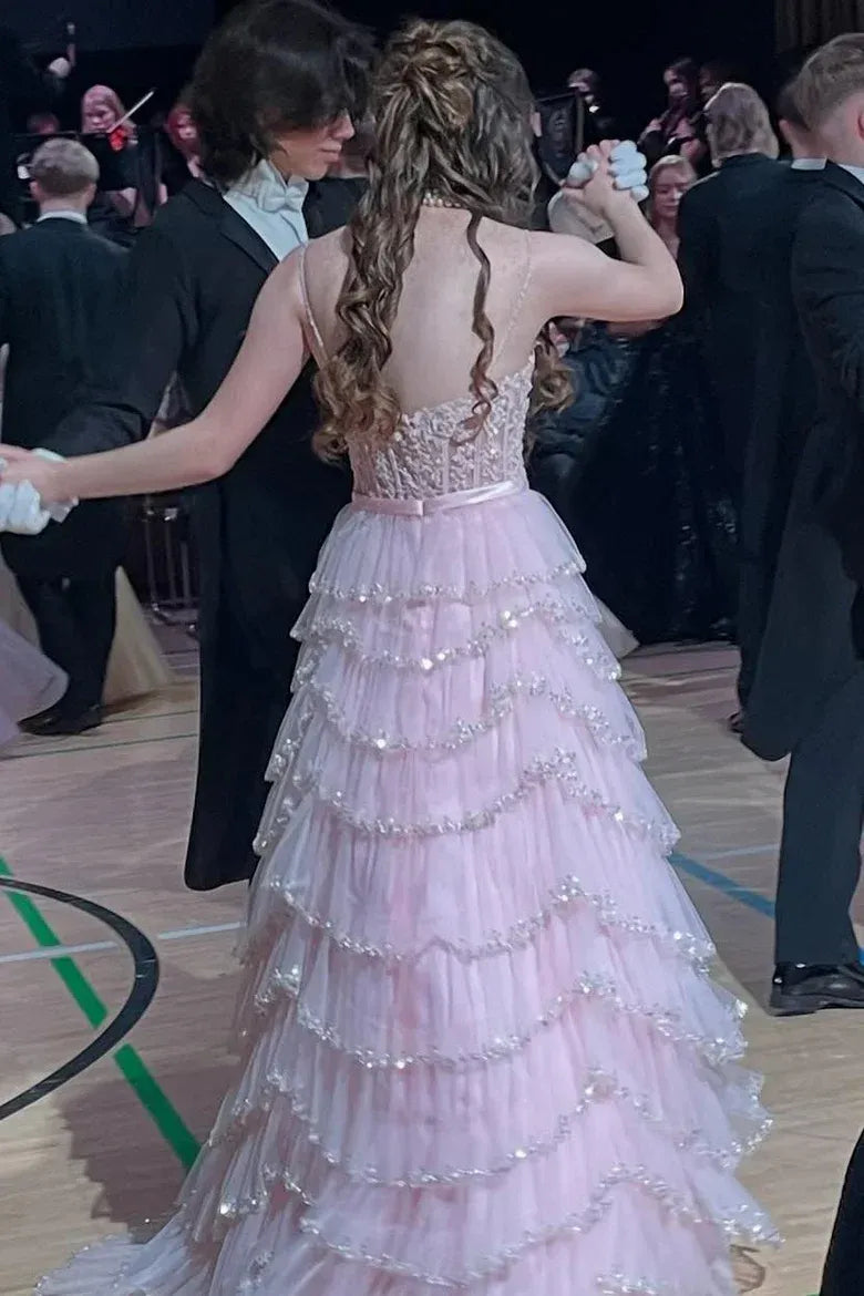 Glamorous Tiered Sleeveless Lace Tulle Ball Gown Prom Dress