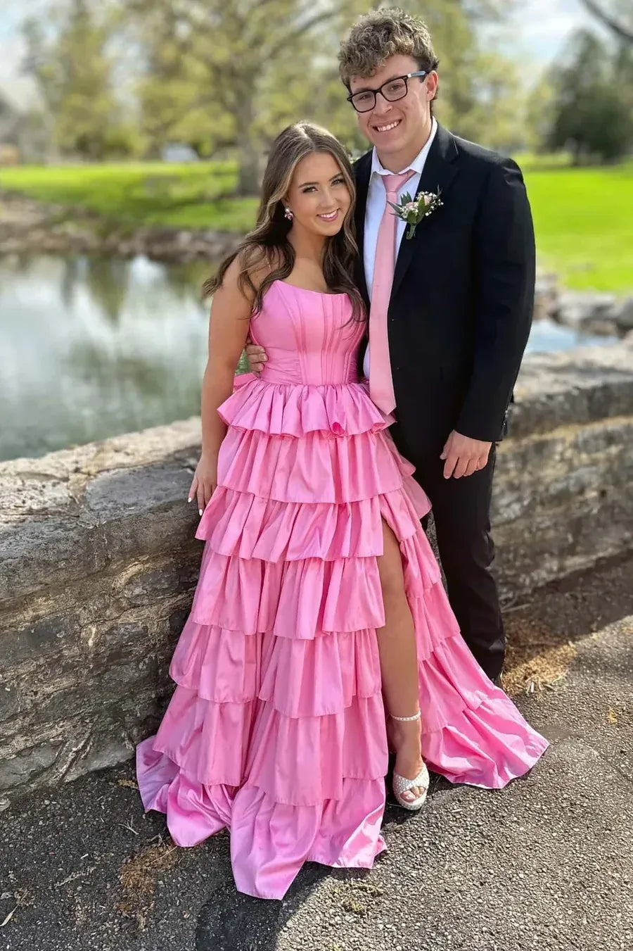 Glamorous Tiered Spaghetti Strap Sleeveless Satin Prom Dress With Slit