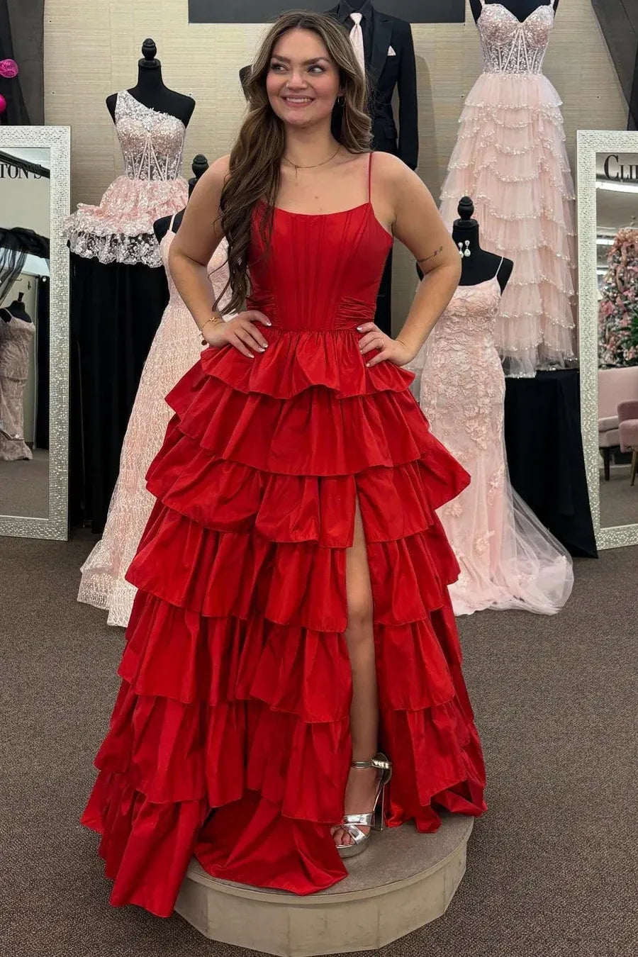 Glamorous Tiered Spaghetti Strap Sleeveless Satin Prom Dress With Slit