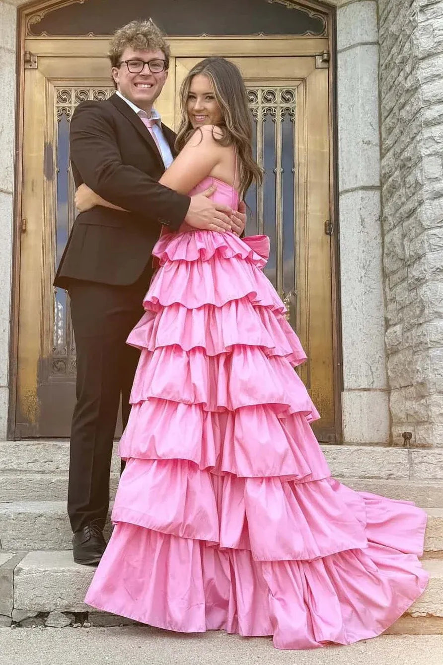 Glamorous Tiered Spaghetti Strap Sleeveless Satin Prom Dress With Slit