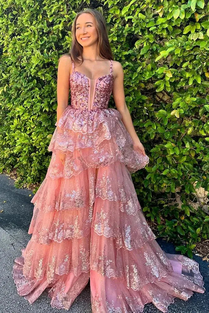 Glamorous Tiered Spaghetti Strap Sleeveless Tulle Prom Dress With Slit
