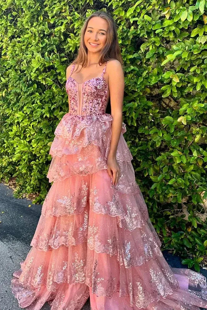Glamorous Tiered Spaghetti Strap Sleeveless Tulle Prom Dress With Slit