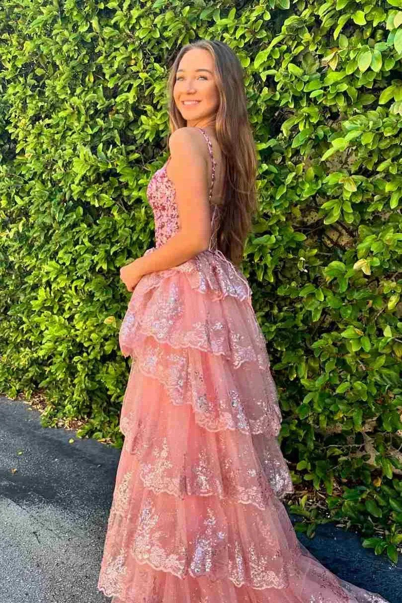 Glamorous Tiered Spaghetti Strap Sleeveless Tulle Prom Dress With Slit