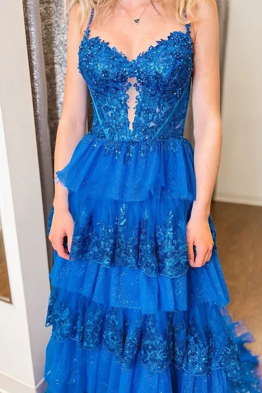 Glamorous Tiered Spaghetti Strap Sleeveless Tulle Prom Dress With Train