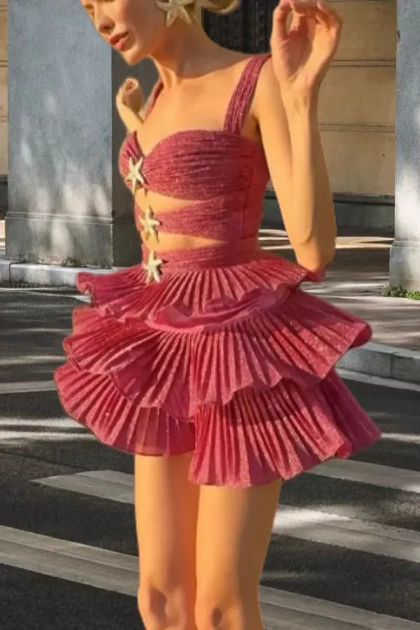 Glamorous Tiered Square Neck Sleeveless Glitter Mini Party Dress