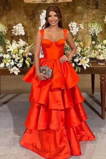 Glamorous Tiered Square Neck Sleeveless Satin A-Line Prom Dress