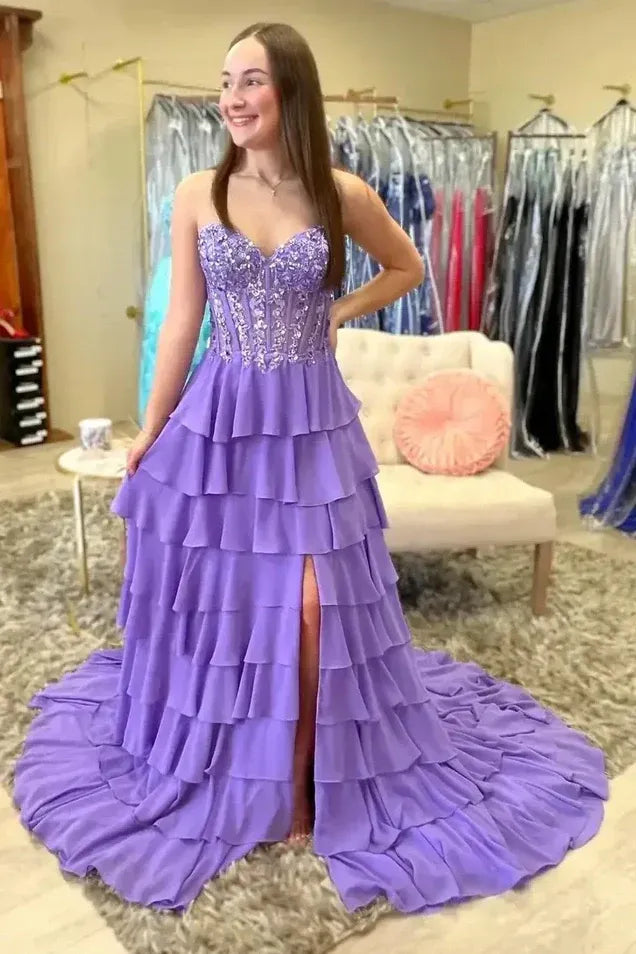 Glamorous Tiered Strapless Sleeveless Chiffon Prom Dress With Slit