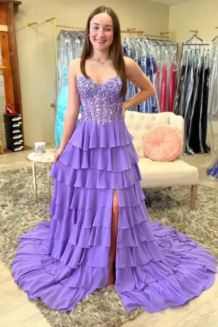 Glamorous Tiered Strapless Sleeveless Chiffon Prom Dress With Slit