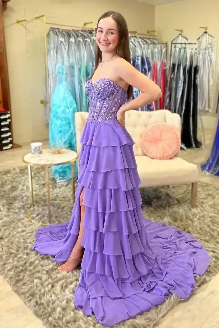 Glamorous Tiered Strapless Sleeveless Chiffon Prom Dress With Slit