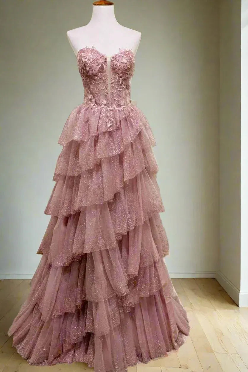 Glamorous Tiered Strapless Sleeveless Tulle Ball Gown Prom Dress