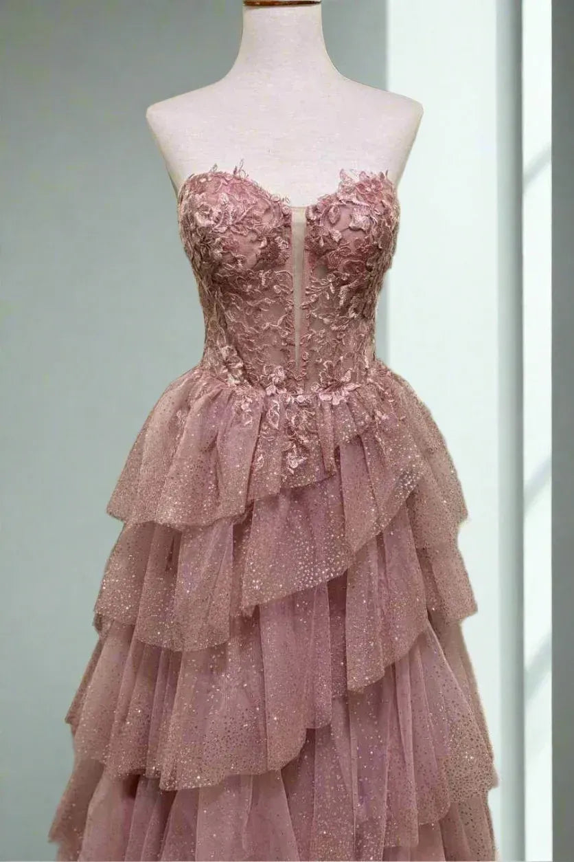 Glamorous Tiered Strapless Sleeveless Tulle Ball Gown Prom Dress