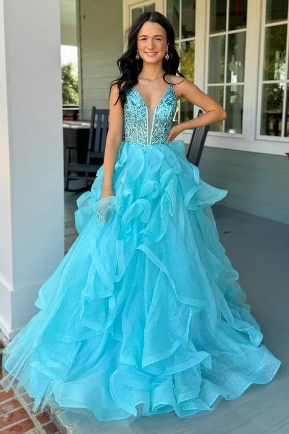 Glamorous Turquoise Spaghetti Strap Tiered Ruffled Beaded Ball Gown