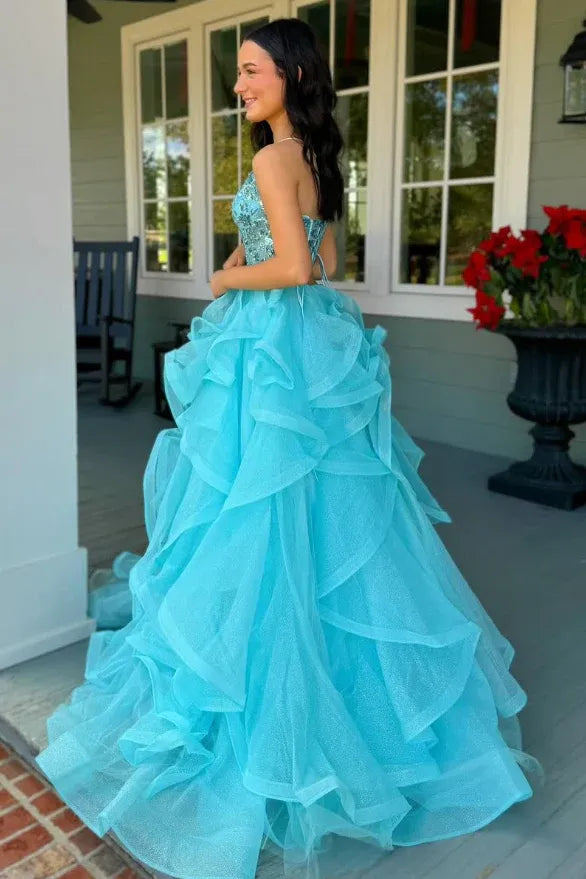Glamorous Turquoise Spaghetti Strap Tiered Ruffled Beaded Ball Gown