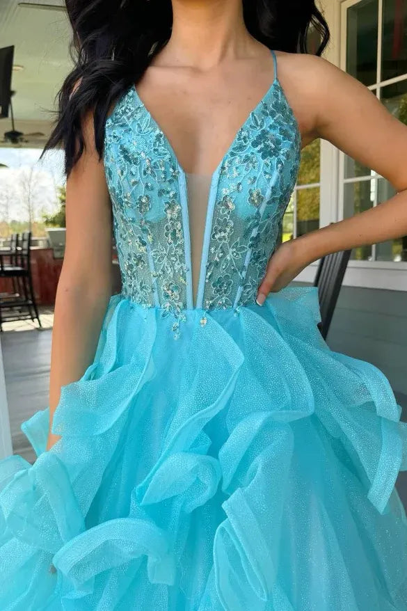 Glamorous Turquoise Spaghetti Strap Tiered Ruffled Beaded Ball Gown