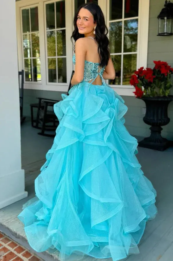 Glamorous Turquoise Spaghetti Strap Tiered Ruffled Beaded Ball Gown