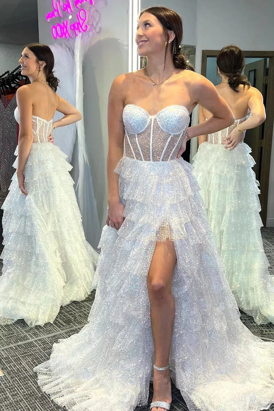 Glamorous White Strapless Tiered Ruffled Glitter Gown With Sheer Corset Bodice