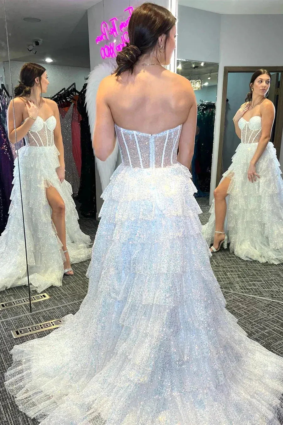 Glamorous White Strapless Tiered Ruffled Glitter Gown With Sheer Corset Bodice