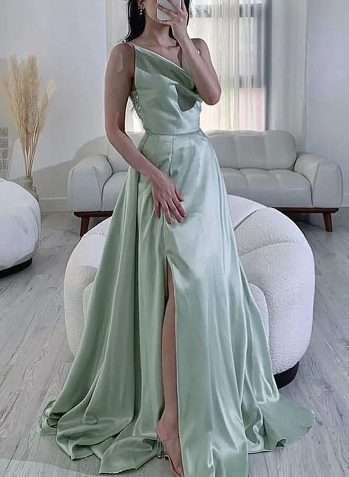 Glamorous A-Line Cowl Neck Sequin Satin Mint Green Floor-Length Prom Dress With Slit