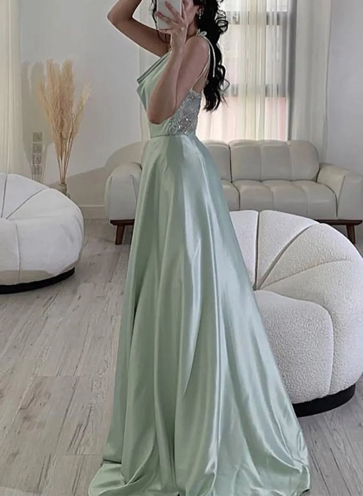 Glamorous A-Line Cowl Neck Sequin Satin Mint Green Floor-Length Prom Dress With Slit