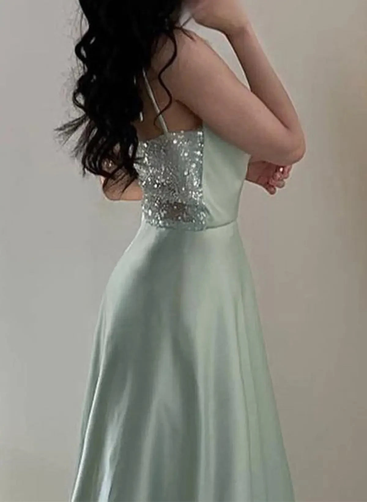 Glamorous A-Line Cowl Neck Sequin Satin Mint Green Floor-Length Prom Dress With Slit